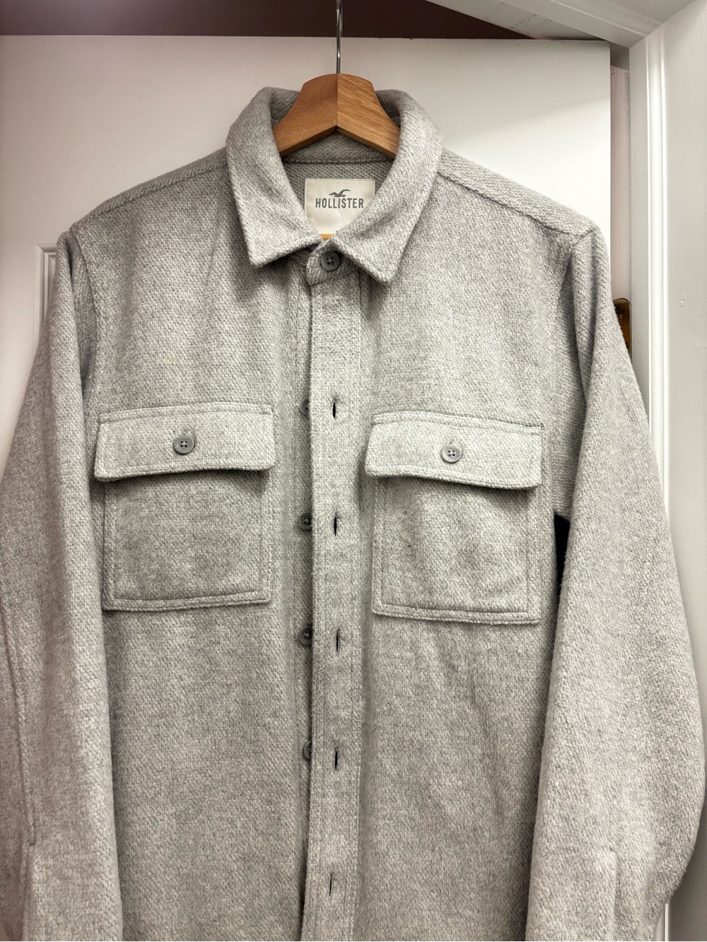Hollister Light Gray Button-Up Shacket with Chest Pockets